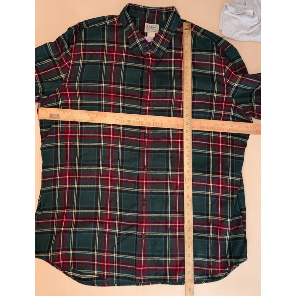 LL Bean Mens Flannel XXL 2XL Button Down Slightly Fitted Plaid Green Red - Picture 3 of 7